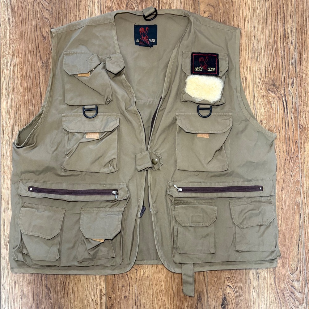 Eagle Claw Fishing Vest Khaki Utility Multi-Pocket Fly Patch Mens L/XL gorpcore